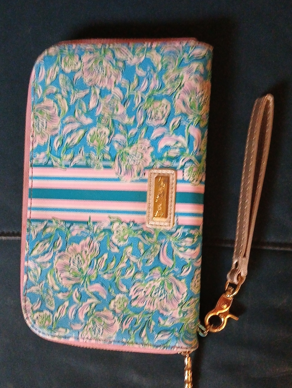 Floral Stripe Zip-Around Wristlet Wallet - Blue & Pink